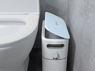Public Restroom Facilities With Clean White Toilet Covered Trash Bin And Gray Wall Tiles 3d model