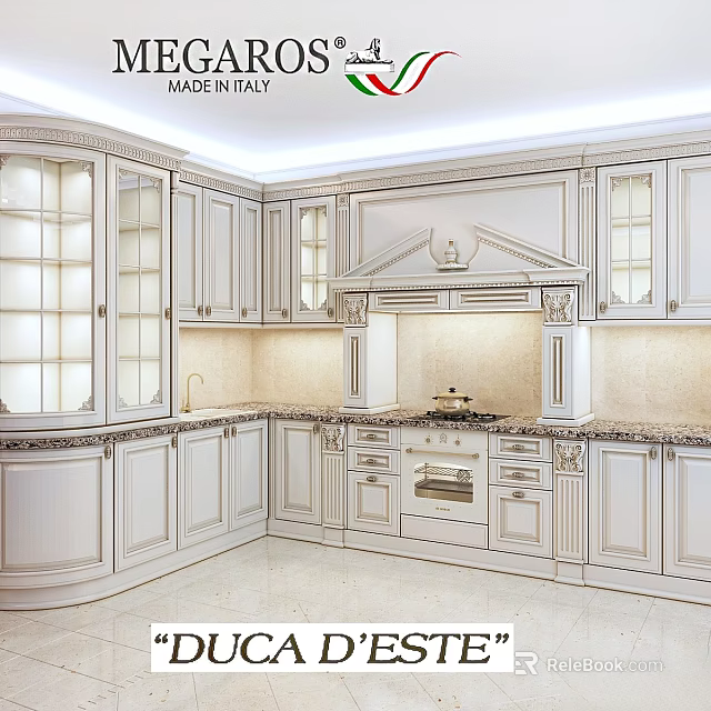 Classic White Kitchen Cabinets With Carved Details Glass Doors And Marble Countertop 3d model 