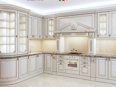 Classic White Kitchen Cabinets With Carved Details Glass Doors And Marble Countertop 3d model