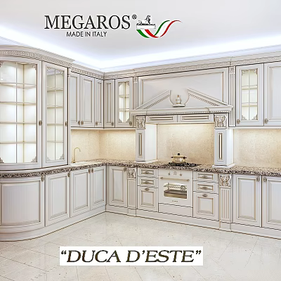 Classic White Kitchen Cabinets With Carved Details Glass Doors And Marble Countertop 3d model