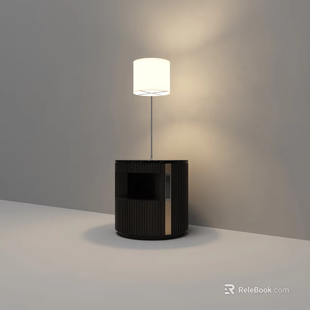 Modern Table Lamp With White Lampshade On Vertical Striped Dark Wooden Nightstand In Minimalist Interior 3d model 