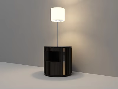Modern Table Lamp With White Lampshade On Vertical Striped Dark Wooden Nightstand In Minimalist Interior 3d model