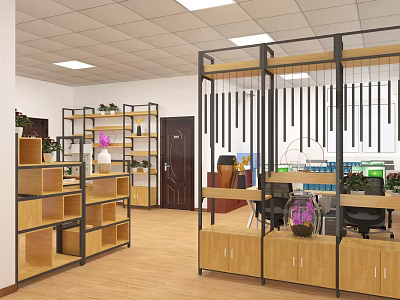 Modern Public Office Space With Open Layout Wooden Shelves And Green Plants 3d model
