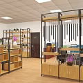 Modern Public Office Space With Open Layout Wooden Shelves And Green Plants