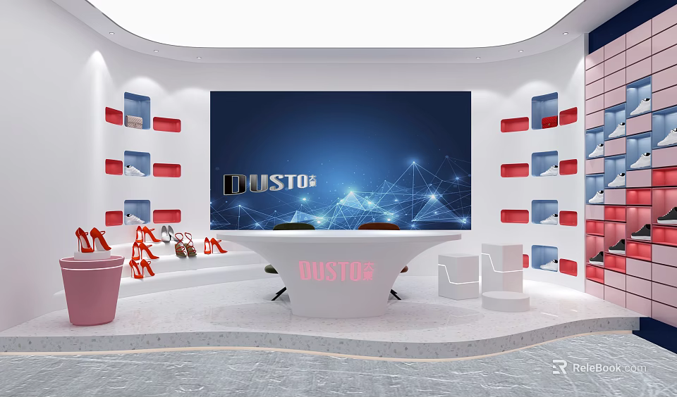 Public Office Space Featuring DUSTO Blue Background Screen White Curved Ceiling Red White Display Shelves 3d model 
