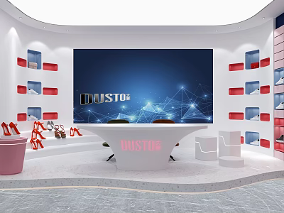 Public Office Space Featuring DUSTO Blue Background Screen White Curved Ceiling Red White Display Shelves 3d model