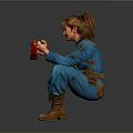 Woman in blue overalls with ponytail holding red beverage squatting on grey background