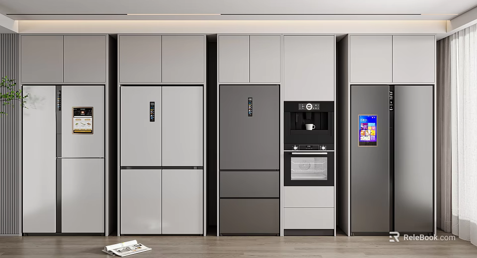 Modern Open Kitchen Interior Featuring Sleek Refrigerators And Freezers Design 3d model 