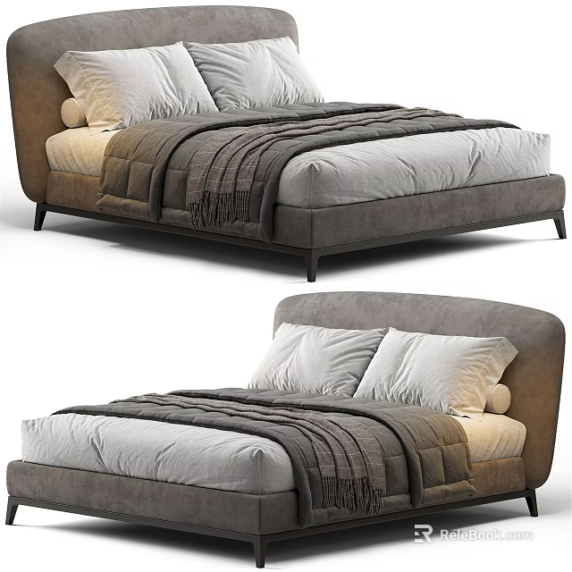 Modern Double Bed With Upholstered Headboard Soft Pillows And Cozy Blanket 3d model 