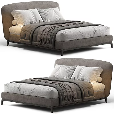 Modern Double Bed With Upholstered Headboard Soft Pillows And Cozy Blanket 3d model