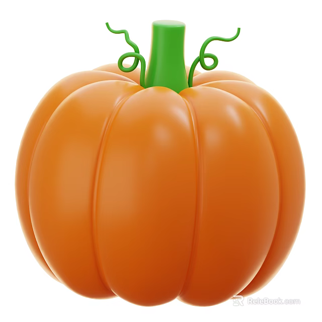 Ripe Orange Pumpkin Vegetable With Green Curly Vine And Round Ribbed Shape 3d model 