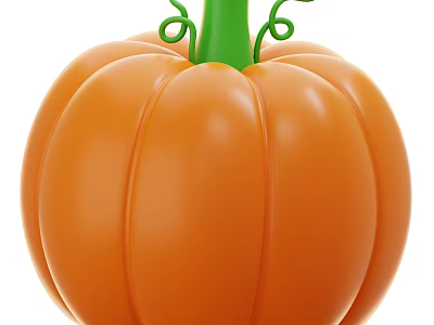 Ripe Orange Pumpkin Vegetable With Green Curly Vine And Round Ribbed Shape 3d model