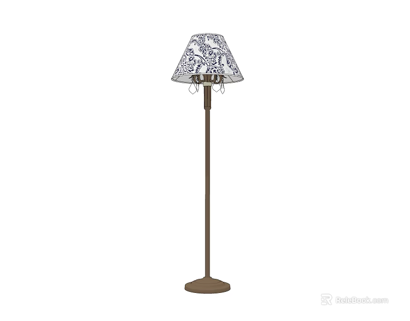 Classic Floor Lamp With Blue And White Patterned Shade And Bronze Base 3d model