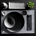 Stylish Black Gray Dinnerware Set Featuring Bowls Plates Cups Placemats And Greenery
