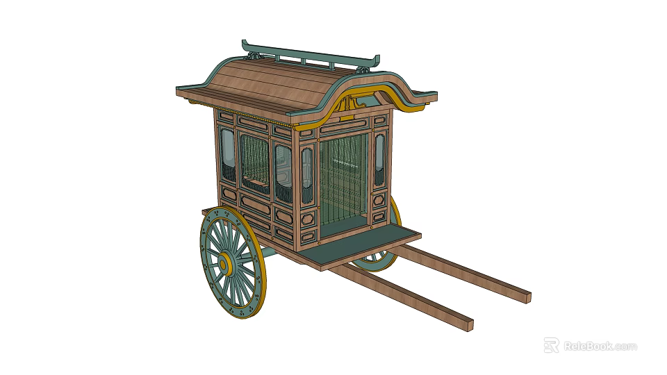 Traditional Wooden Horse-drawn Carriage with Decorative Roof and Large Vintage Wheels 3d model 