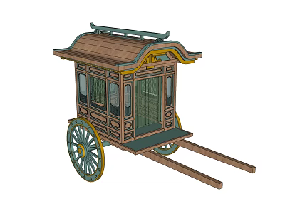 Traditional Wooden Horse-drawn Carriage with Decorative Roof and Large Vintage Wheels 3d model