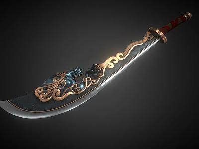 Ornate Traditional Sword With Mythical Dragon Design Gold Blue Accents And Red Handle 3d model