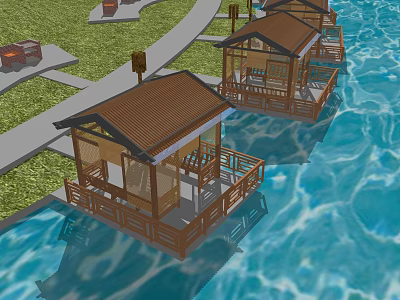 Waterfront Wooden Boutique Guesthouses With Brown Roofs And Surrounding Water View 3d model