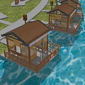 Waterfront Wooden Boutique Guesthouses With Brown Roofs And Surrounding Water View
