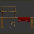 Wooden Furniture Collection Featuring Long Table Red Cloth Small Stool And Three Tiered Shelf