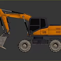 Yellow Wheel Excavator With Large Bucket And Black Cabin On Reflective Surface
