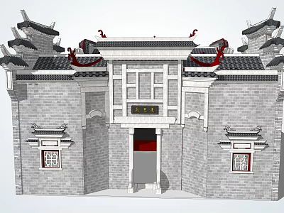 Traditional Ancient Architecture With Overhanging Eaves Gray Brick Walls And Carved Windows 3d model