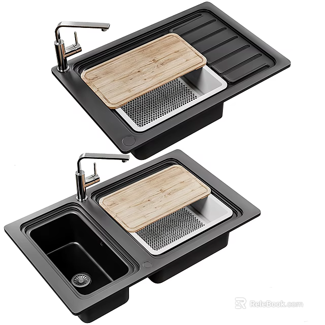 Black Double Bowl Kitchen Sink With Wooden Cutting Board And Drainer Rack 3d model 