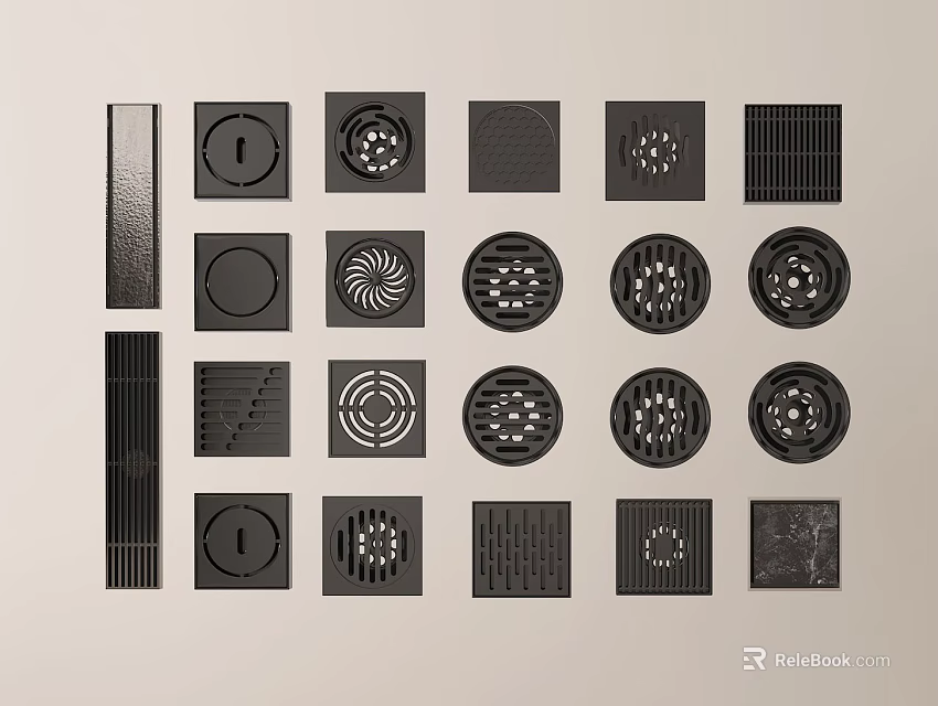 Black Drain Grates With Various Intricate Designs And Different Decorative Patterns 3d model