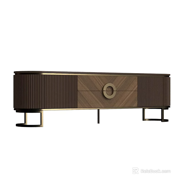 Elegant Modern Walnut TV Cabinet With Brass Metal Accents And Fluted Panel Storage Design 3d model 