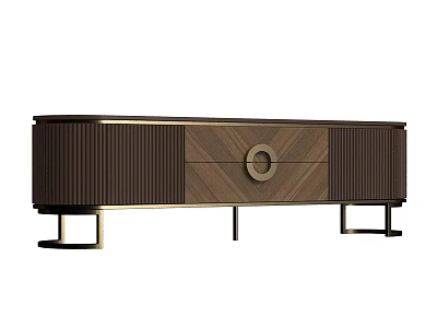 Elegant Modern Walnut TV Cabinet With Brass Metal Accents And Fluted Panel Storage Design 3d model
