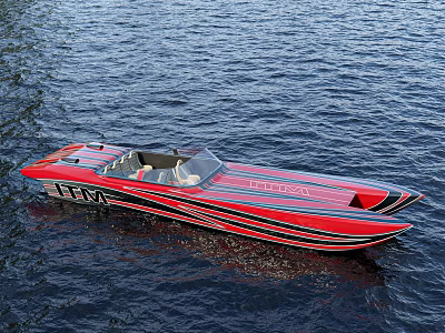 Red Speedboat With Black Stripes On Blue Water Featuring Cockpit And Seats 3d model