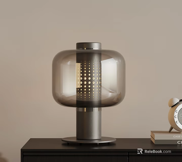 Modern Glass Table Lamp With Gray Metal Base Alarm Clock And Books On Desk 3d model 