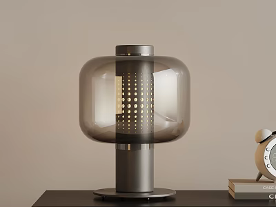 Modern Glass Table Lamp With Gray Metal Base Alarm Clock And Books On Desk 3d model