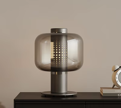 Modern Glass Table Lamp With Gray Metal Base Alarm Clock And Books On Desk 3d model
