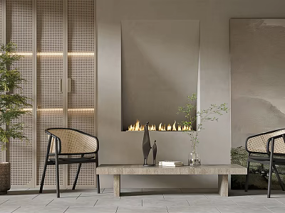 Modern Rattan Back Chairs And Stone Table Set In Living Room With Fireplace 3d model