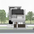 Modern Detached Villa with Two Story Metal Grille Balcony Stone Wall Exterior and Glass Windows