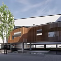 Modern School Building Exterior With Glass Facade Multi Story Structure Wooden Fence And Trees