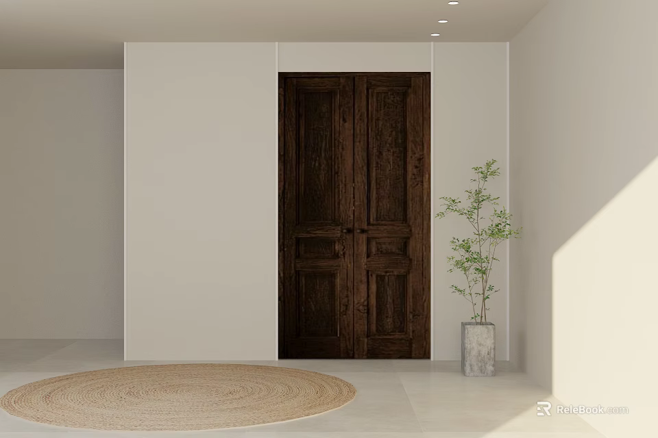 Dark Wooden Double Doors with White Walls Light Tiled Floor Round Woven Rug Green Plant 3d model 