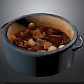 Delicious Warm Red Soup in Blue Ceramic Pot with Tofu Chestnuts and Mushrooms