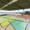 Indoor Basketball Gym Interior With Multiple Courts Red Seats And Metal Roof Structure