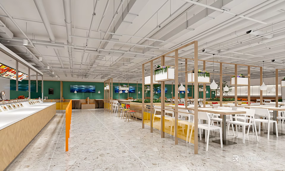 Modern Restaurant Interior With White Dining Tables Wooden Partitions Green Walls And Hanging Lights 3d model 