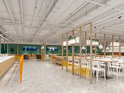 Modern Restaurant Interior With White Dining Tables Wooden Partitions Green Walls And Hanging Lights 3d model