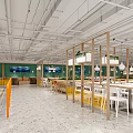 Modern Restaurant Interior With White Dining Tables Wooden Partitions Green Walls And Hanging Lights