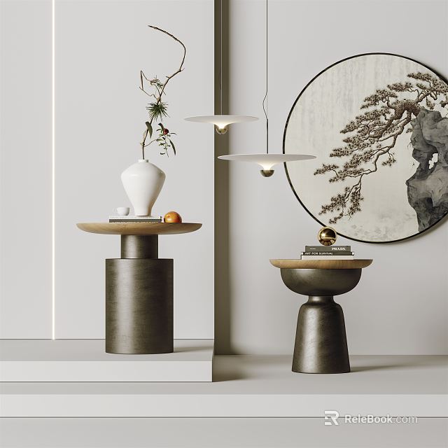 Modern Side Tables with Vase Plant Pendant Lights and Wall Art in Minimalist Interior 3d model 