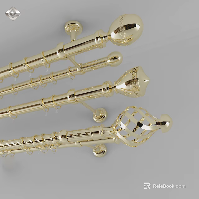 Elegant Golden Curtain Accessories With Decorative Rods And Premium Hooks 3d model 