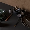Natural Style Tableware Set With Green Brown Dishes And Chopsticks