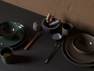 Natural Style Tableware Set With Green Brown Dishes And Chopsticks 3d model