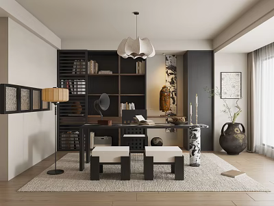 Modern Study Room Interior Design With Dark Wooden Bookshelf Writing Desk Stools And Pendant Light 3d model