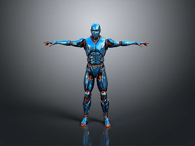 Standing Blue Robot Character With Orange Accents Armor And Reflective Floor 3d model