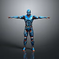 Standing Blue Robot Character With Orange Accents Armor And Reflective Floor